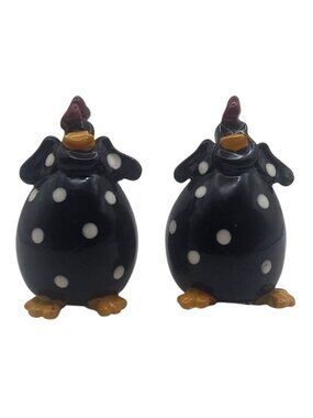 Salt And Pepper Shakers Chicken Chunky Black Polka Dot Ceramic Farmhouse Novelty